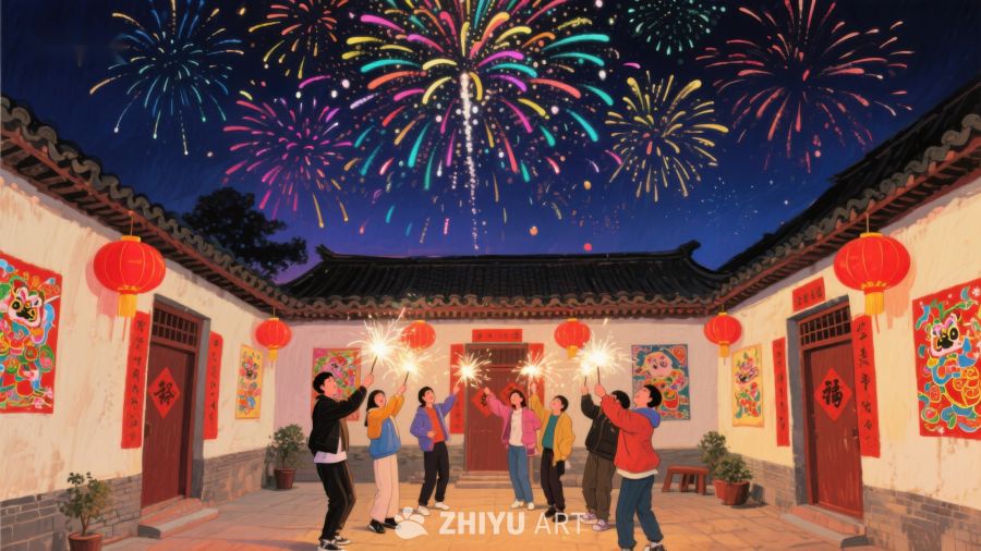 庭院烟花绽放，众人欢庆节日 853
