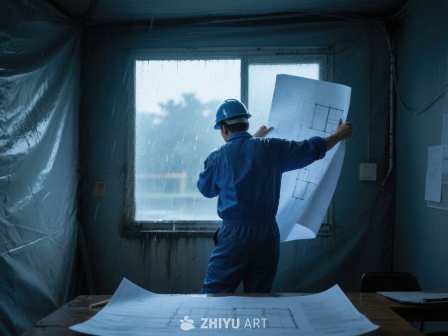 工程师在临时办公室审查蓝图 77