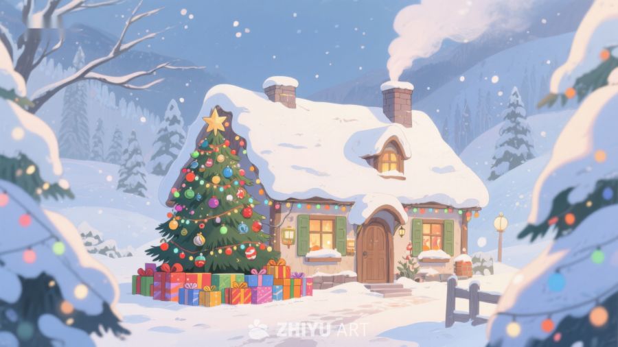 雪景中的温馨小屋与圣诞树 327