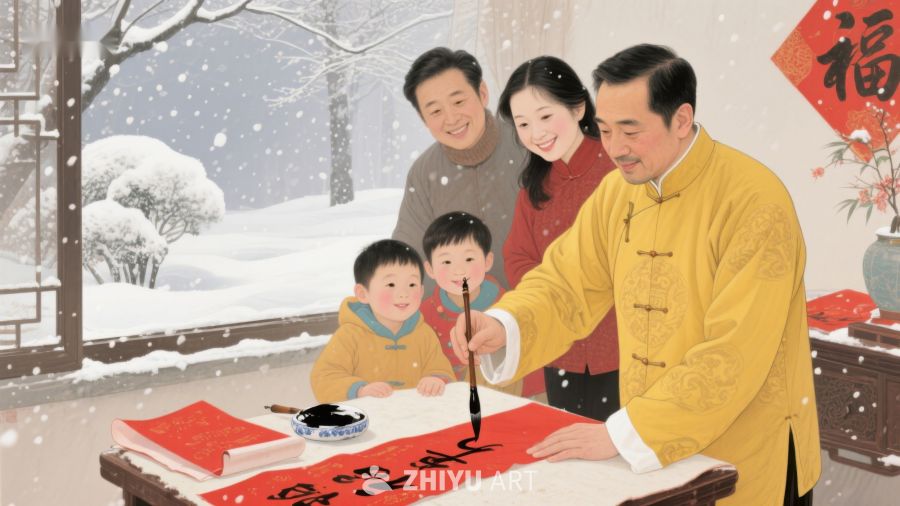 家庭共度春节，长辈书写春联 443