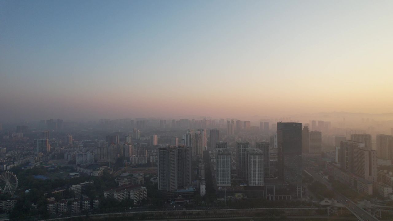 湖南株洲清晨日出彩霞迷雾航拍