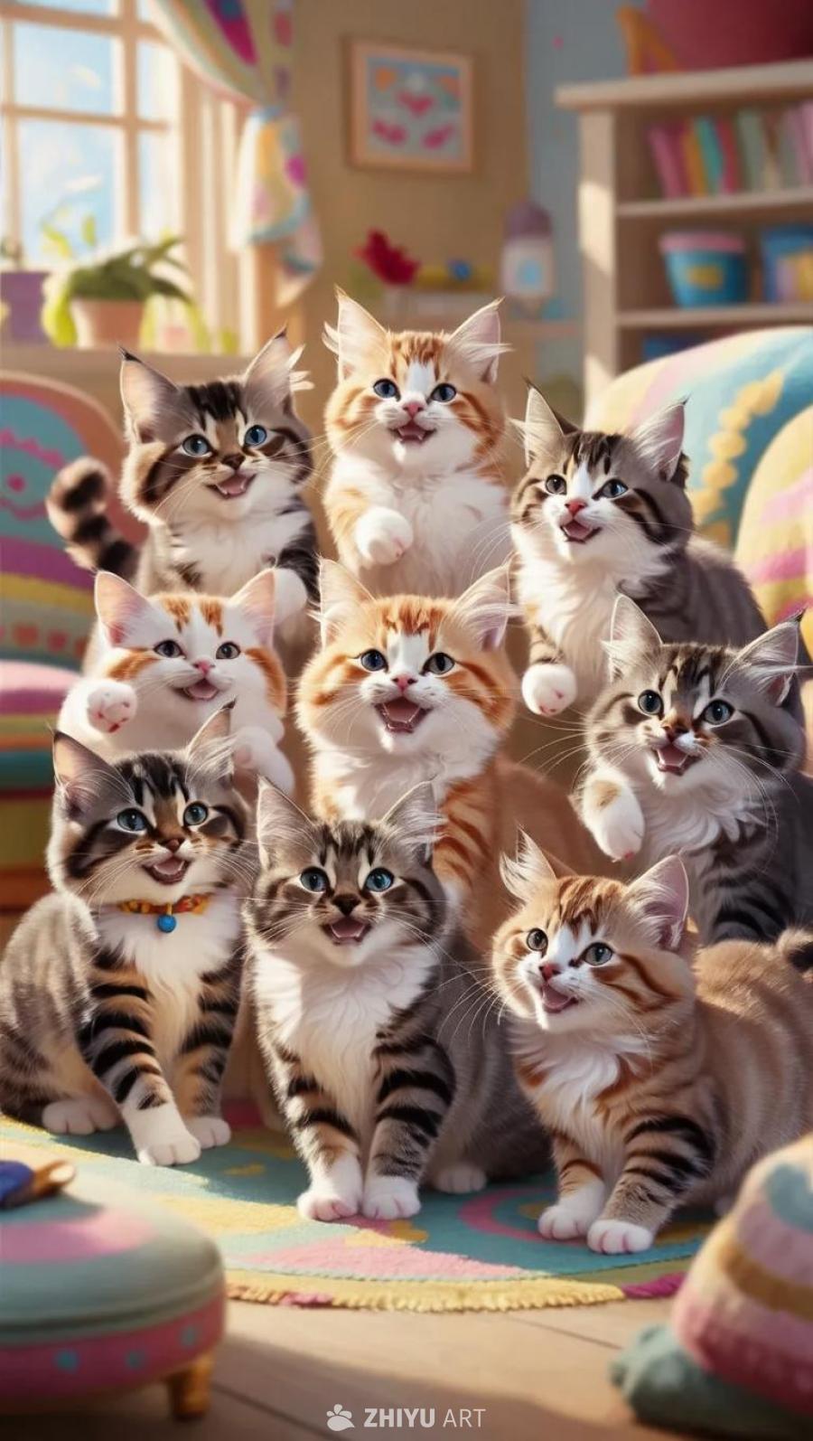 一群猫咪聚集在一个阳光明媚的房间里。猫咪们有着生动