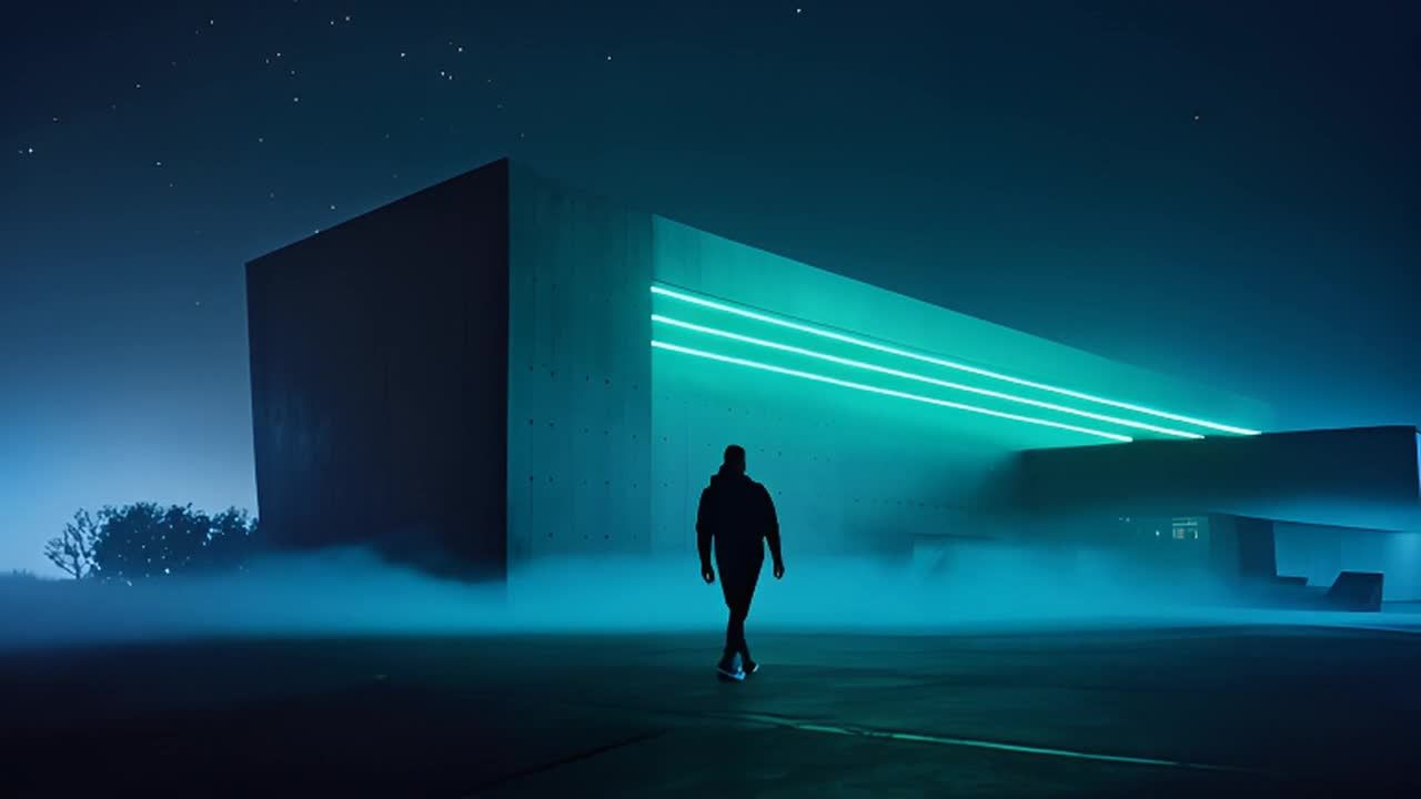 夜晚，一座巨大的混凝土建筑矗立在浓雾之中。这座现代