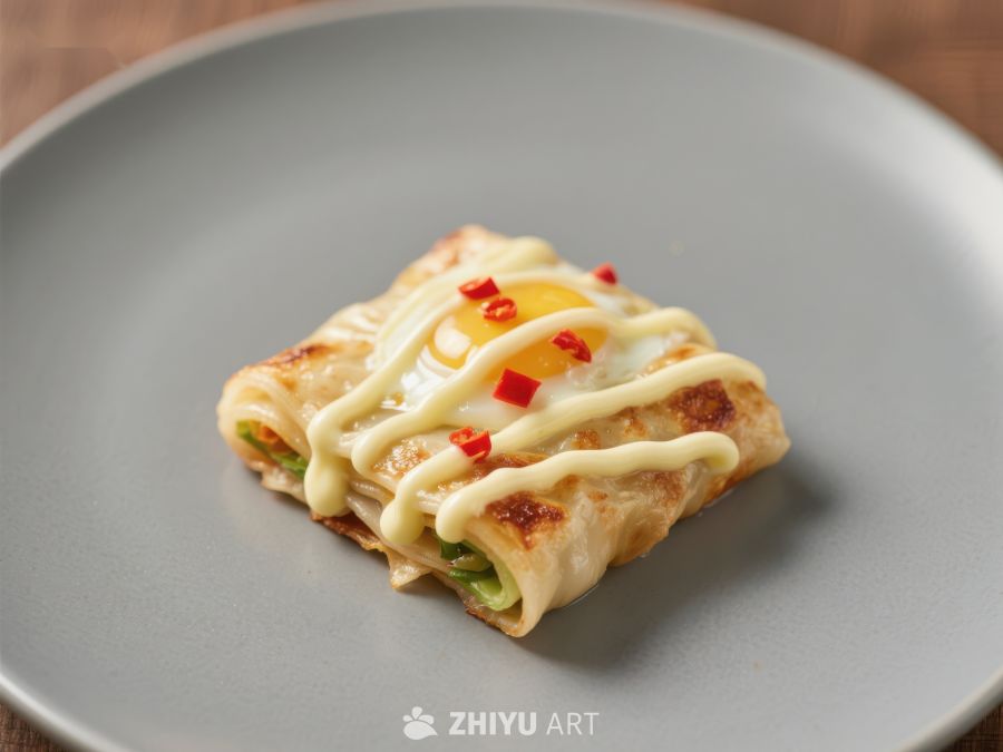 煎蛋卷配蛋黄酱和红椒点缀 384