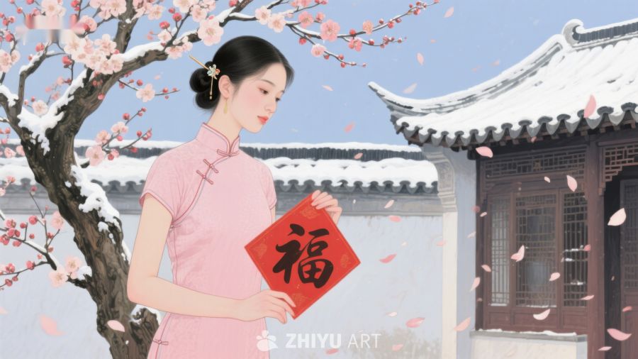 女子手持福字，雪中梅花相伴 730