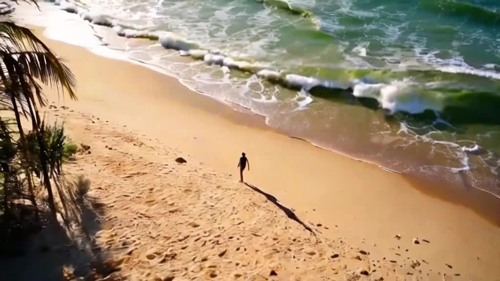 沙滩上孤零零地走着一个人，海风吹乱了他们的头发。他