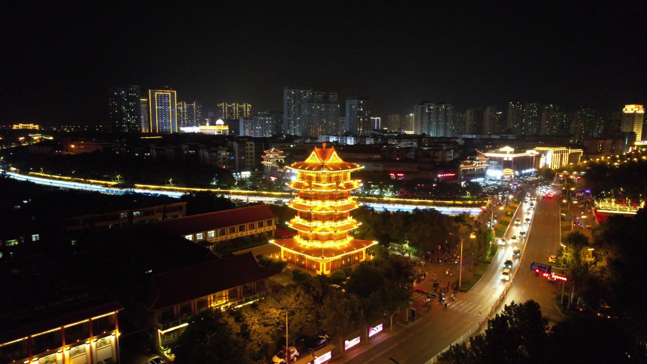 河北沧州南川楼夜景灯光航拍