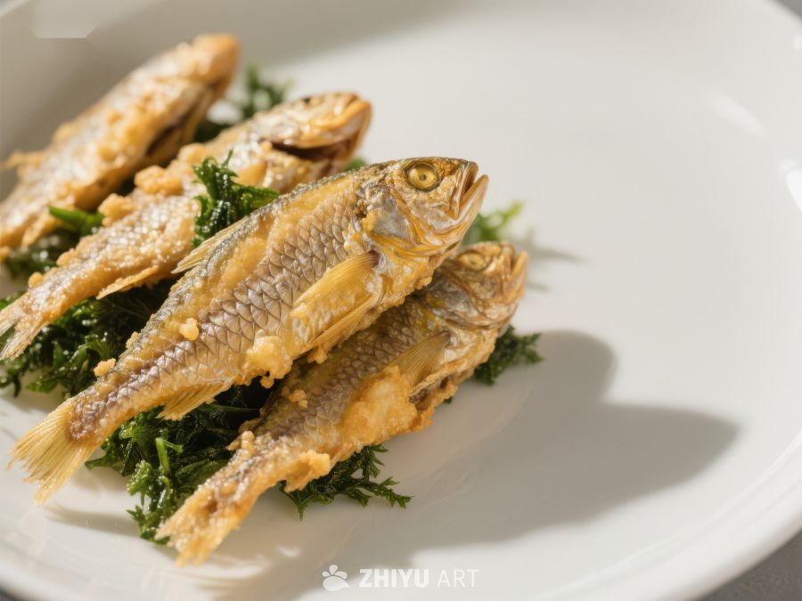 金黄酥脆的炸鱼配绿叶蔬菜 367