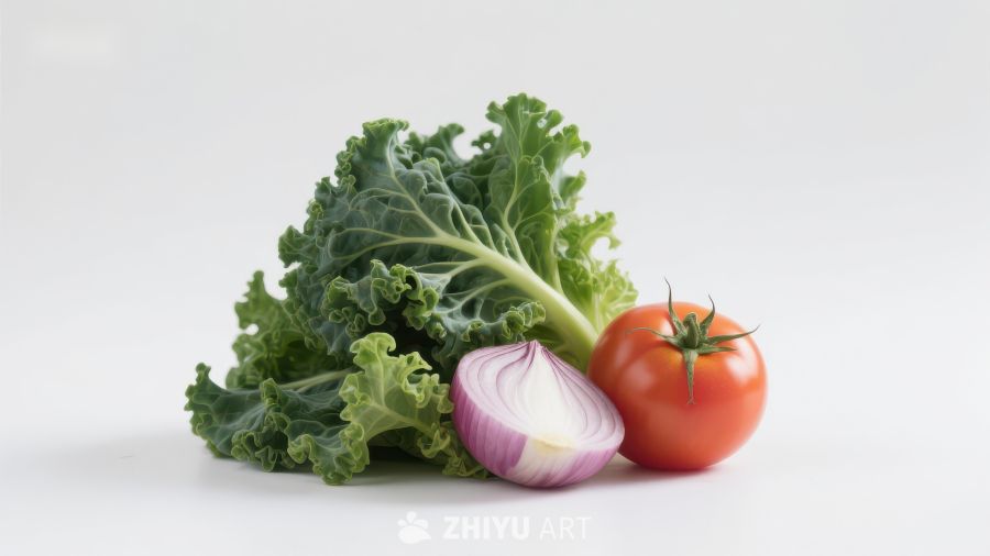 新鲜蔬菜组合：羽衣甘蓝、洋葱与番茄