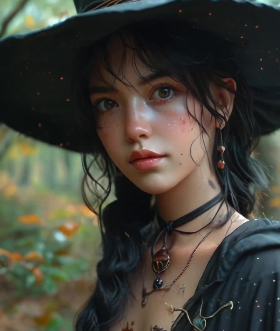 戴黑帽的年轻女巫，面带微笑，森林背景。