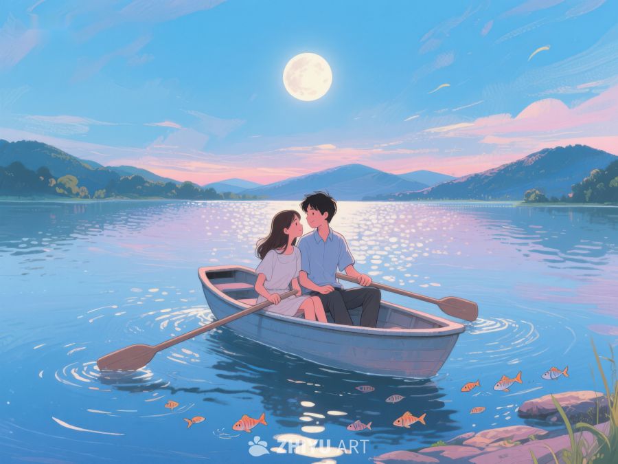 月下湖中情侣划船 1216