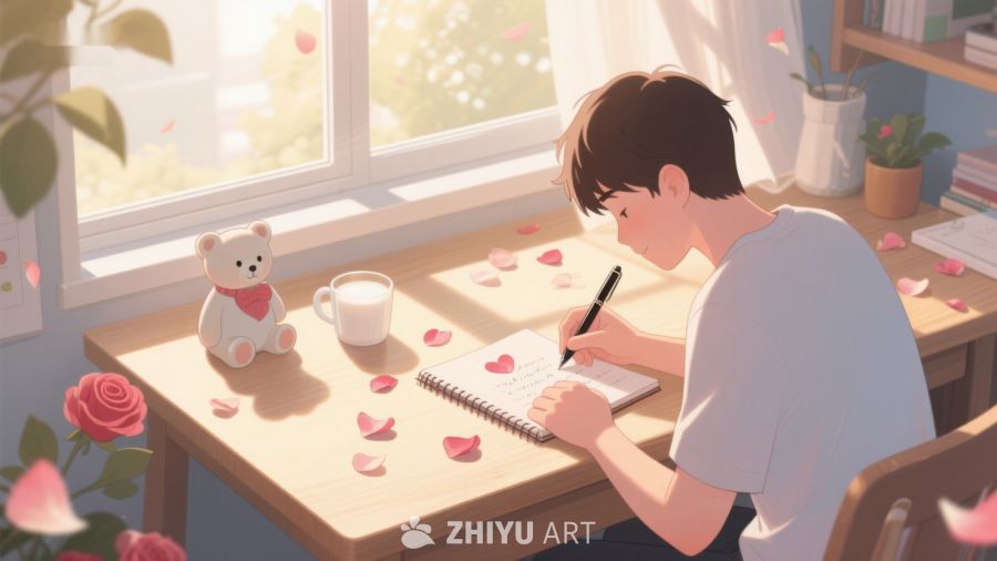 窗边少年专心书写，桌上玫瑰花瓣点缀 84