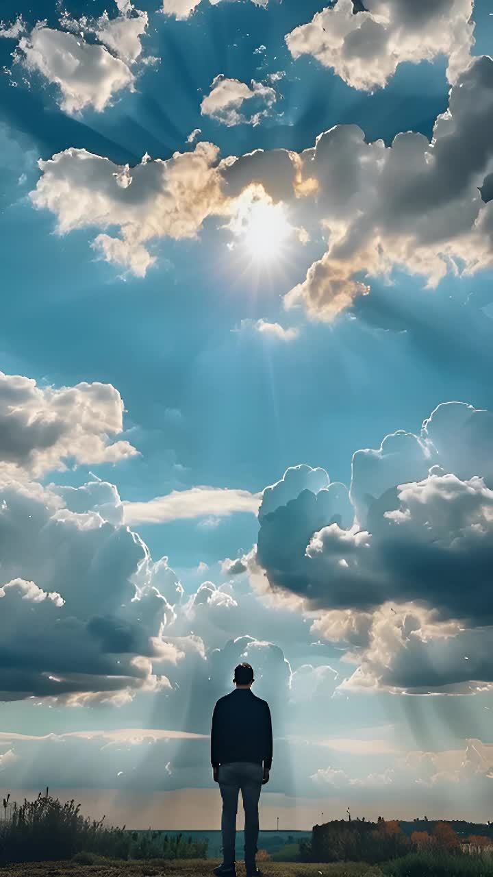 一个人站在地面上，抬头望向天空。天空中有许多云朵，