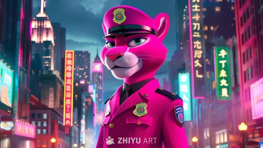 一只穿着粉色制服的粉红豹站在城市街道上，它戴着一顶