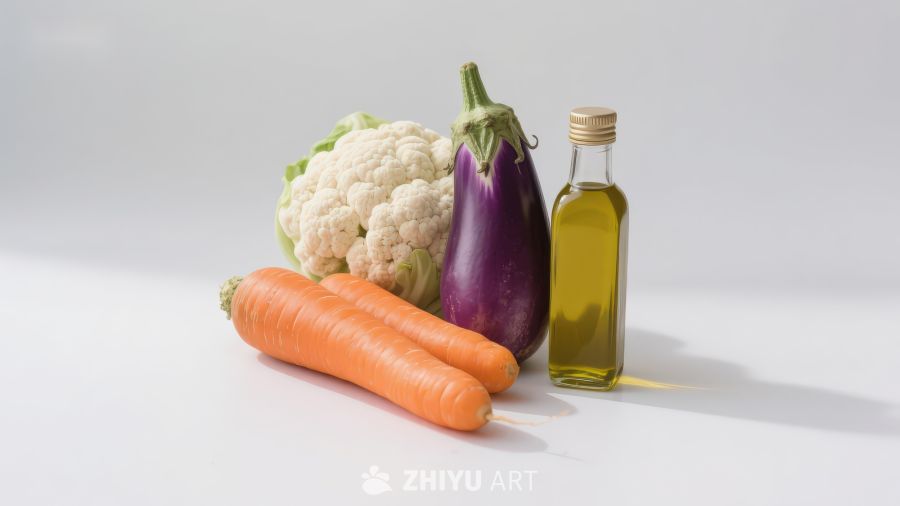 蔬菜与橄榄油静物摆拍