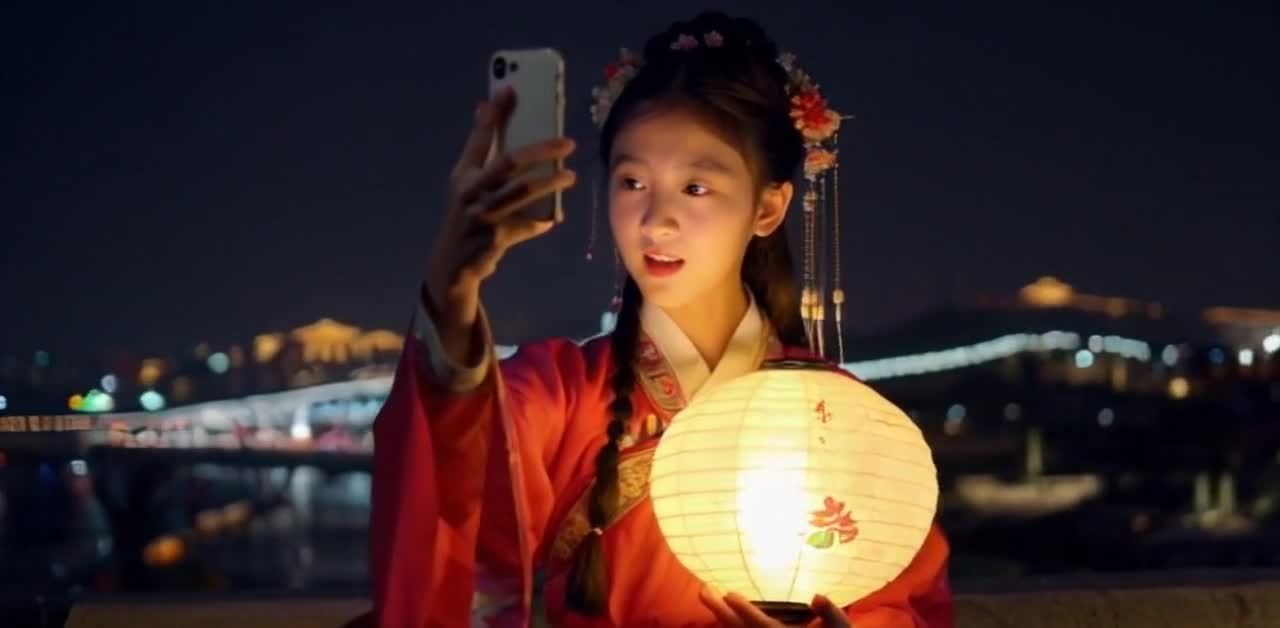 一位身穿红色中国古代服装的年轻女孩站在夜色中，她手