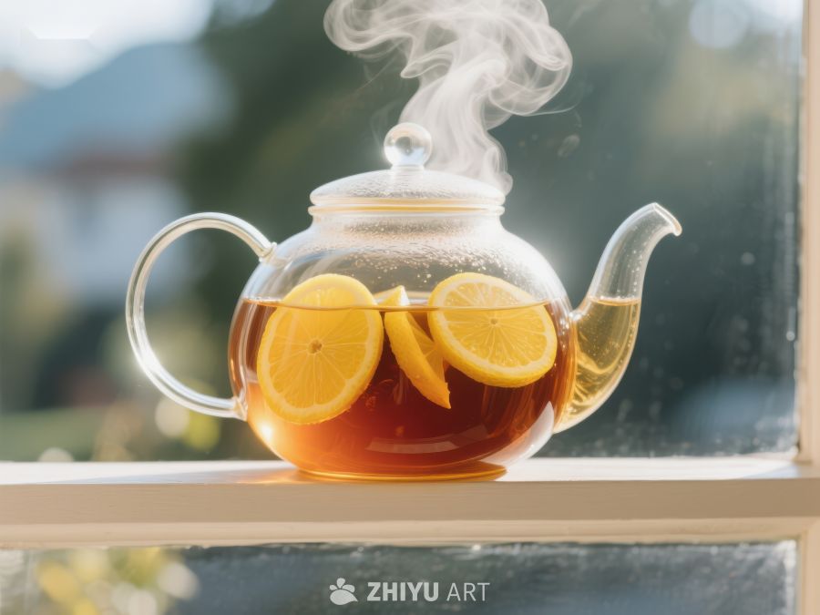 柠檬茶壶窗边蒸汽袅袅