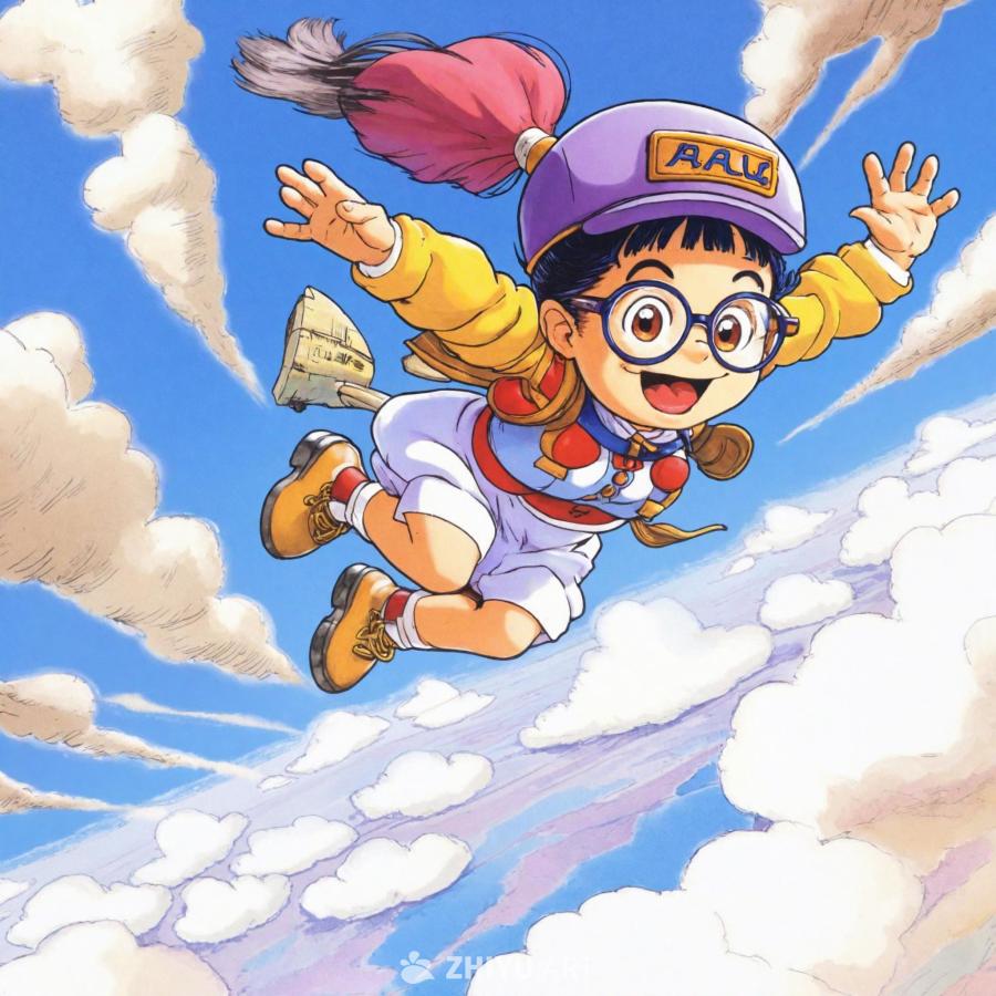 一个卡通女孩漂浮在空中，她戴着紫色的帽子和眼镜，穿