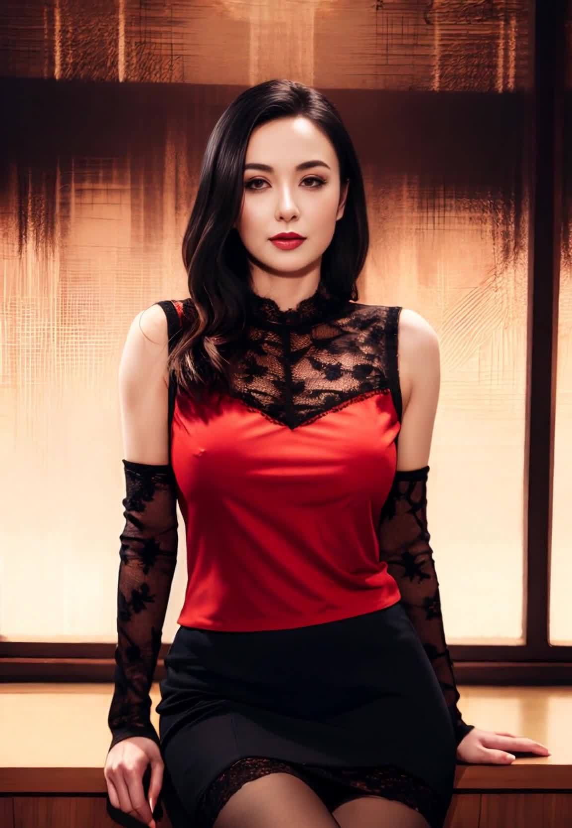 红衣蕾丝长手套女性肖像