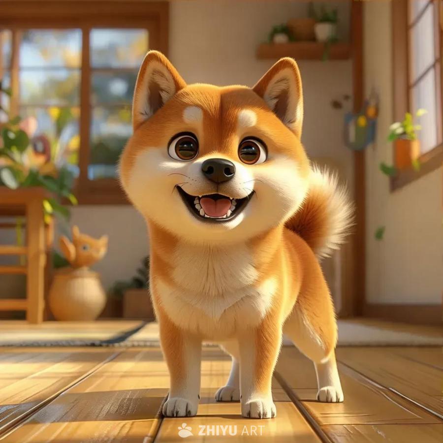 一只卡通风格的柴犬站立，它有着夸张的卡通眼睛和惊讶