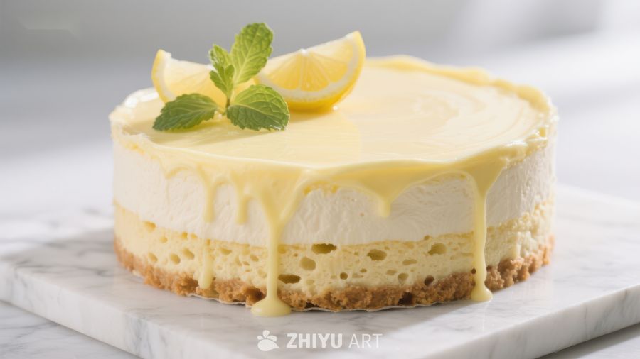 柠檬芝士蛋糕，顶部装饰薄荷叶