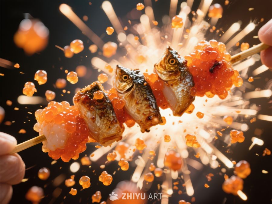 串烧鱼与鱼子酱的美味瞬间
