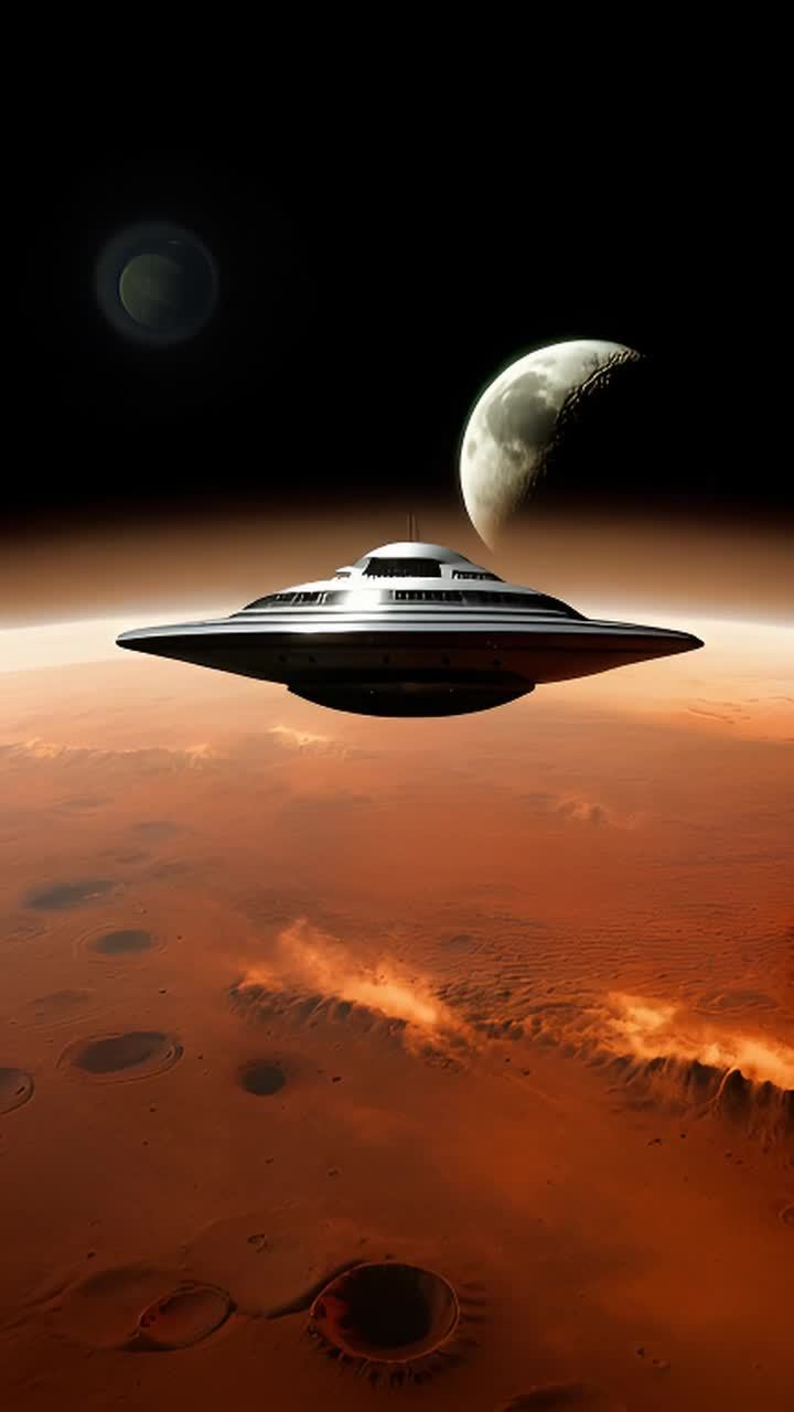 飞碟在火星上空飞行，其卫星在薄薄的大气层附近清晰可
