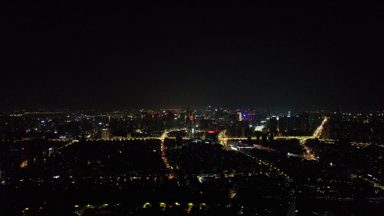 浙江杭州城市夜景灯光交通车两行驶航拍 