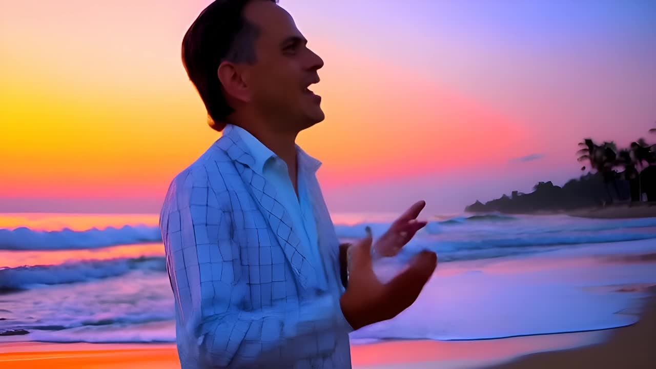 一个男人站在白色背景前，他穿着浅蓝色格子西装外套和