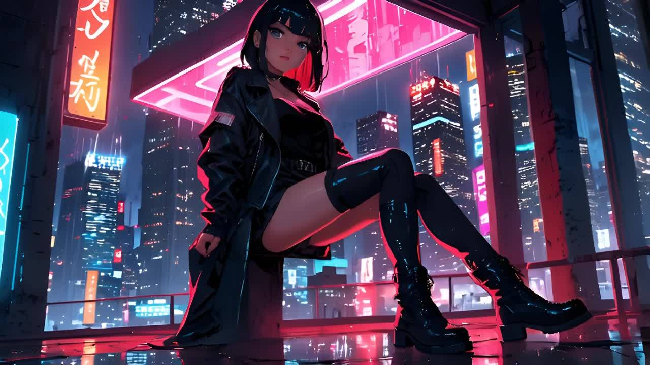 一名年轻女子坐在赛博朋克城市景观的前景中。她穿着黑
