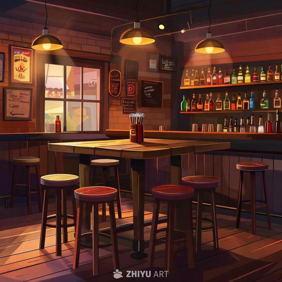 一个卡通风格的酒吧场景，画面中央是一张木质方桌，四