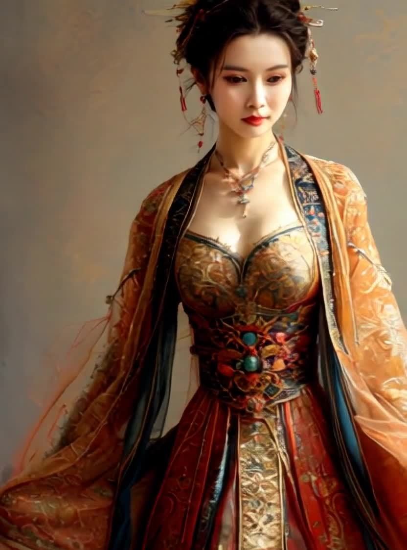 红唇流苏点缀华服女子古典像