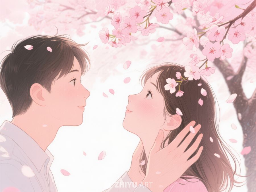 樱花树下情侣相视而笑 1036