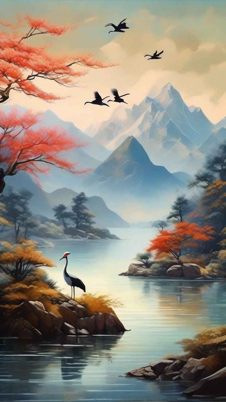 国风山水鹤插画背景 24