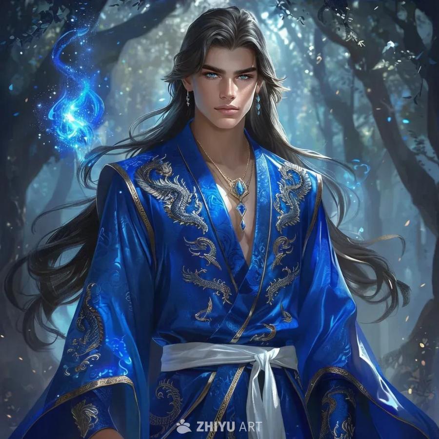 一位青少年魔法师身穿绣有复杂龙纹的蓝色长袍，身姿挺