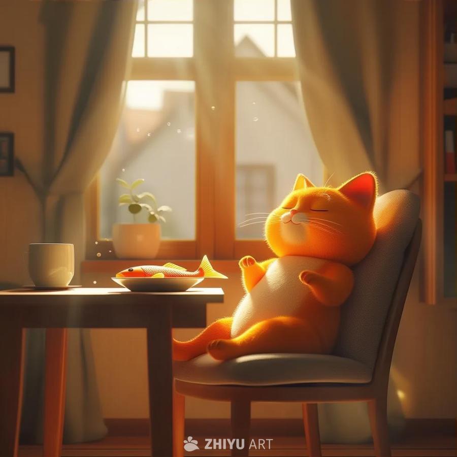 3D动画风格。一只橙色的猫坐在舒适的小房子里的椅子