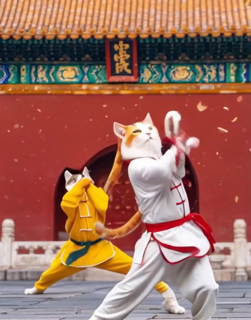 两只猫咪穿武术服，宫殿前演绎功夫招式