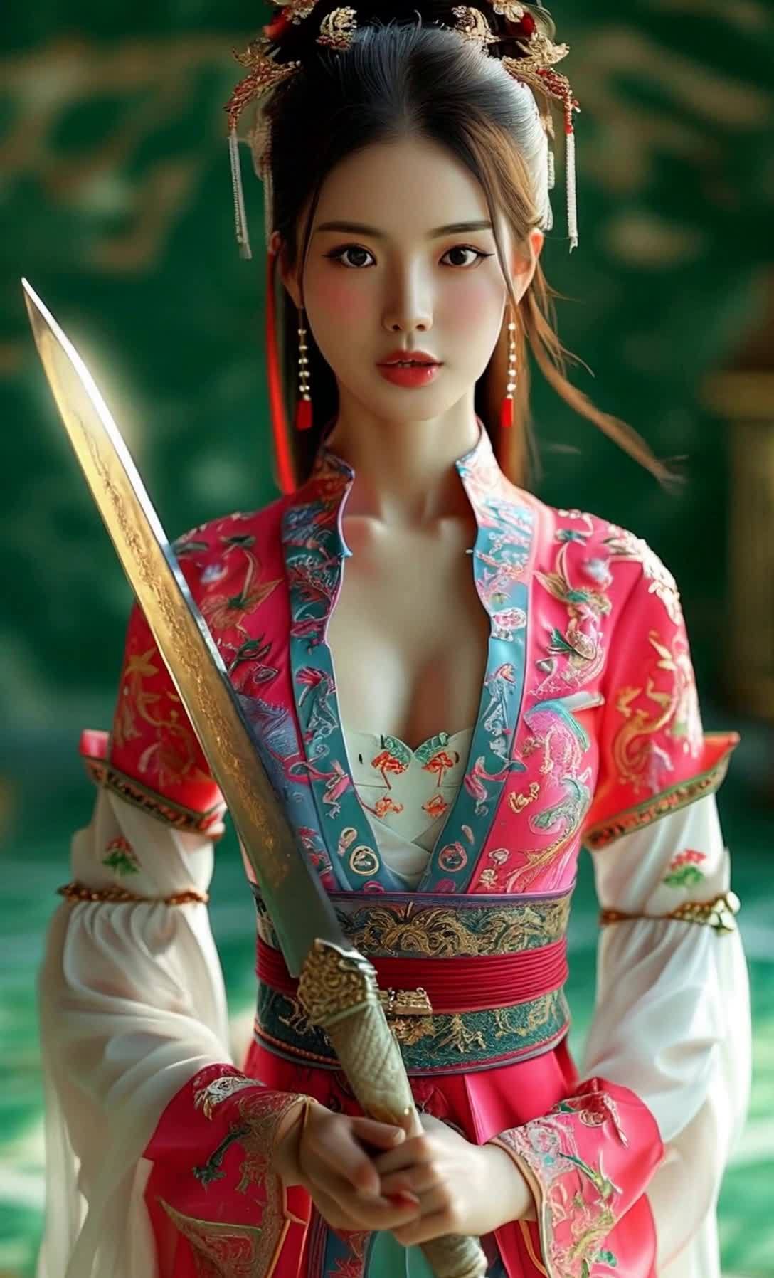 一位年轻女子身穿红色和蓝色的传统服饰，佩戴着金色的
