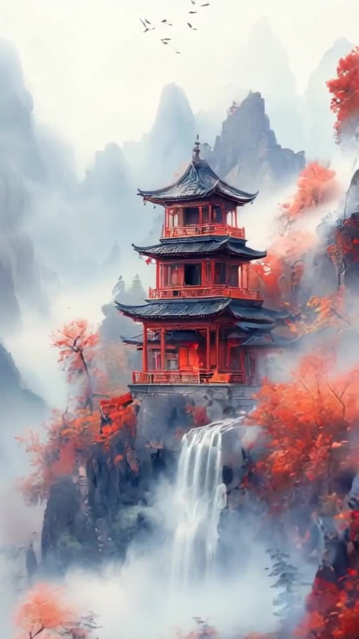 画面中呈现一座多层宝塔，其结构主体为红色，屋檐呈深