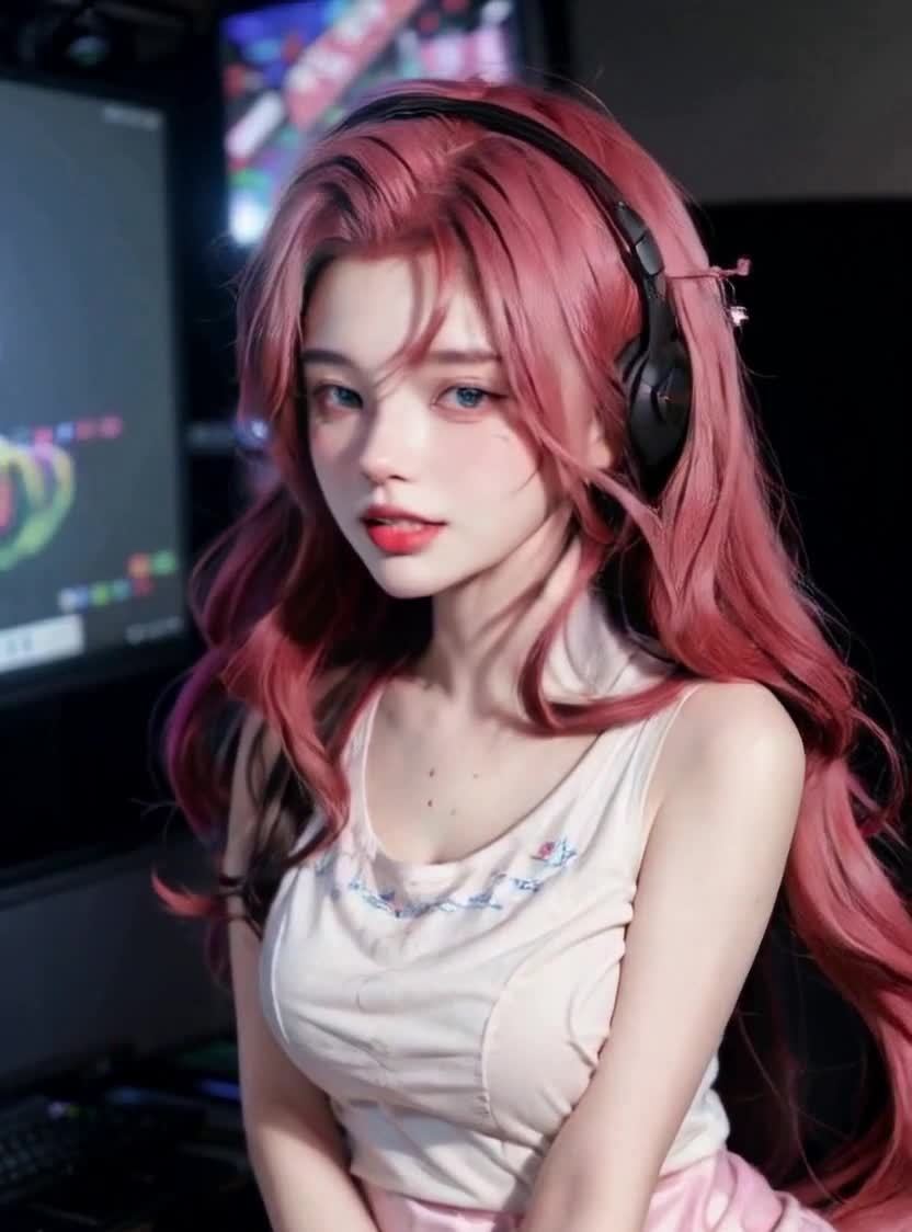 一位留着粉红色长发、佩戴黑色耳机的美女，身穿白色背