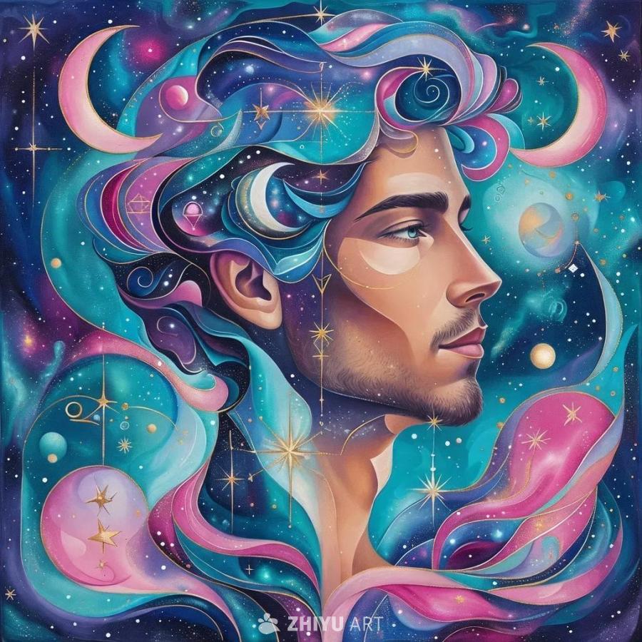 一个风格化的男性头像，其设计灵感来自占星术。头像采
