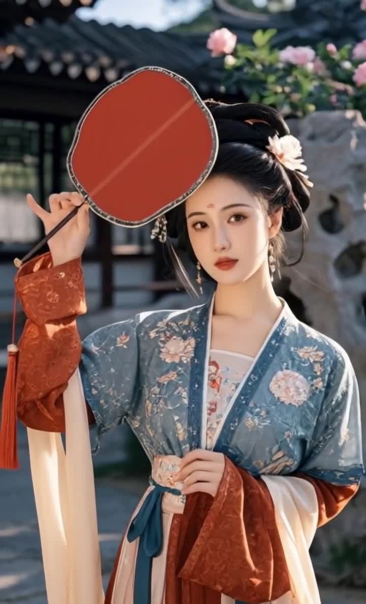 一位穿着传统汉服的年轻女性，手持红色团扇。她的头发