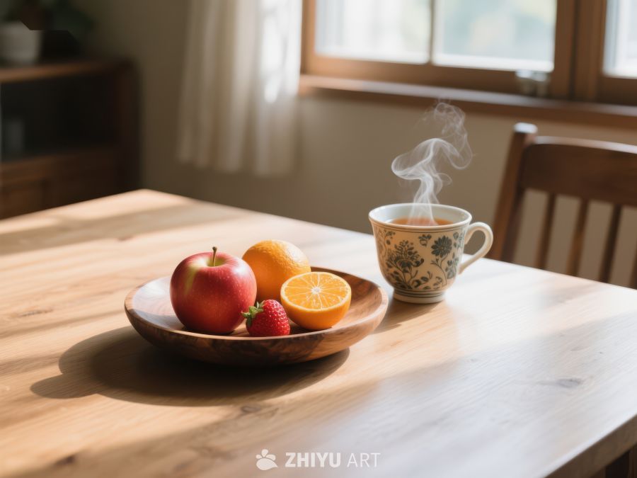 热饮与新鲜水果的温馨早餐 477