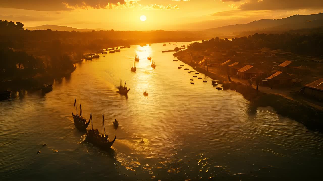 河流蜿蜒曲折，夕阳西下时分，一艘长船缓缓滑行。远处