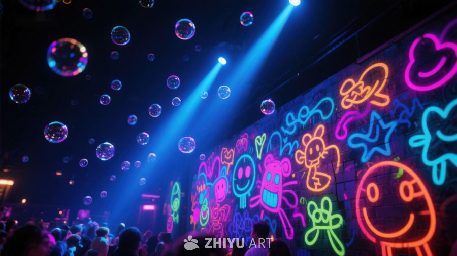 霓虹灯墙与泡泡的夜景 314