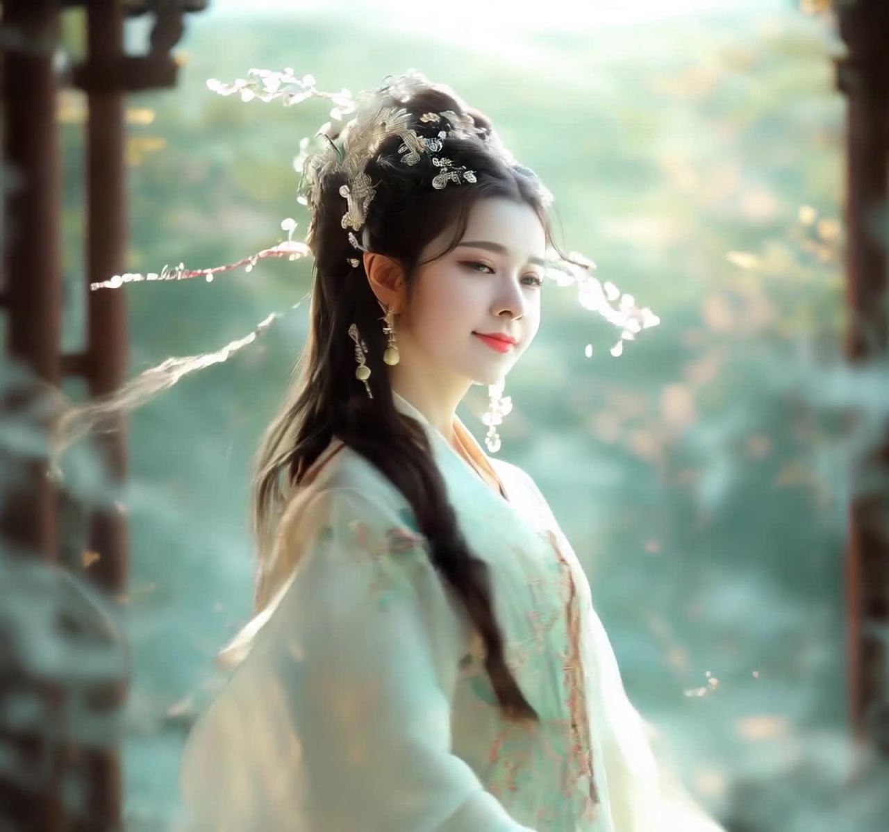 华服女子立于阳光下，头戴花饰，发辫垂肩
