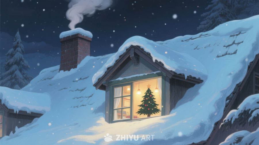 雪夜小屋，窗内圣诞树温暖如春 409