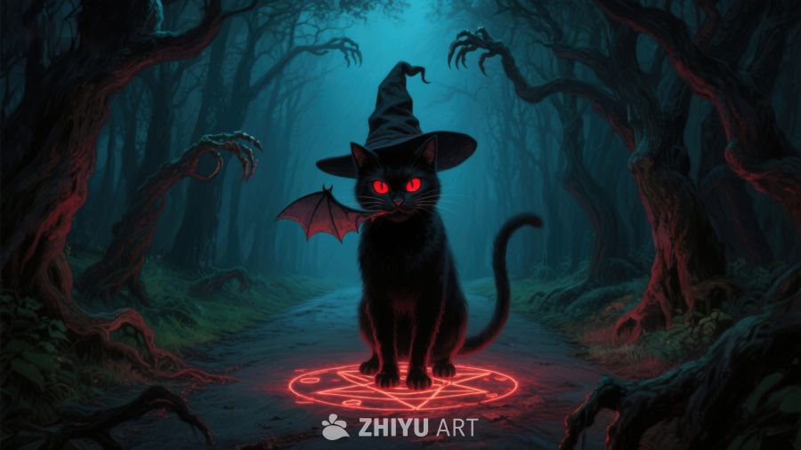 神秘森林中的巫师黑猫