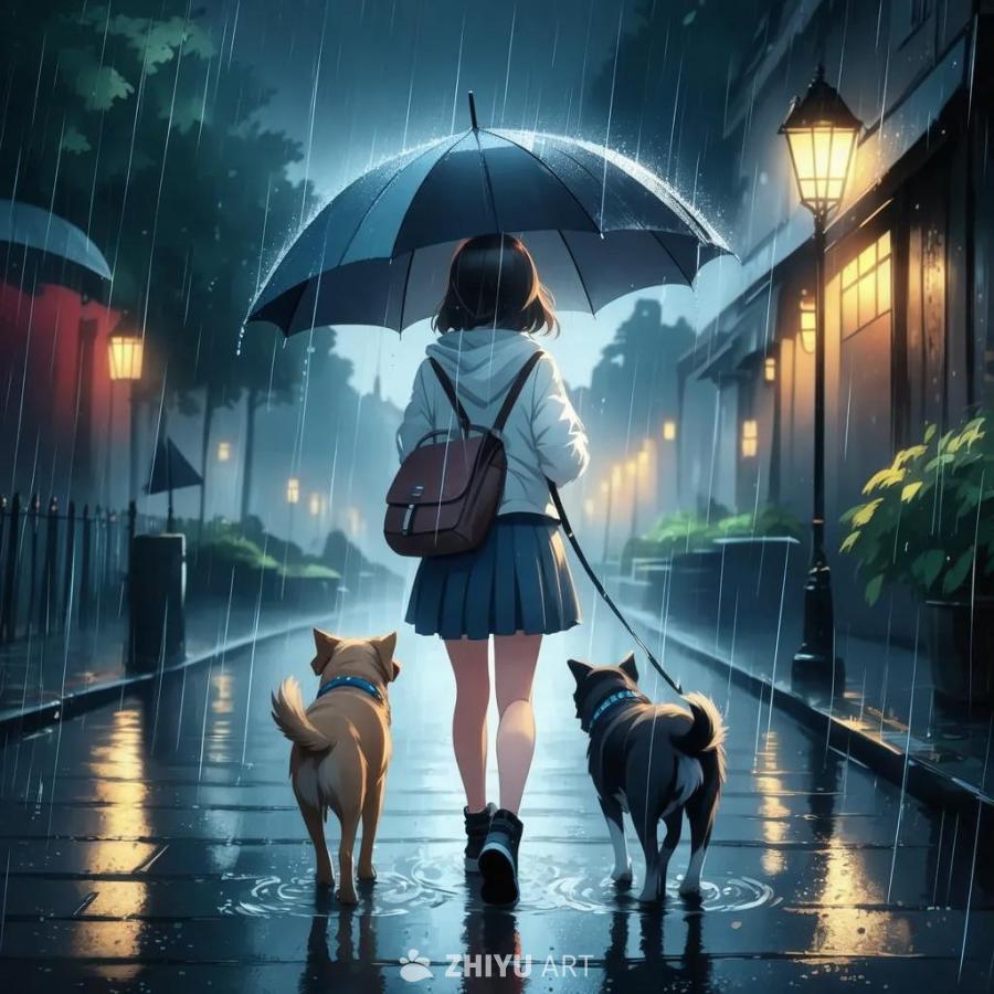 一个穿着白色连帽衫和蓝色裙子的女孩走在雨中，她背着