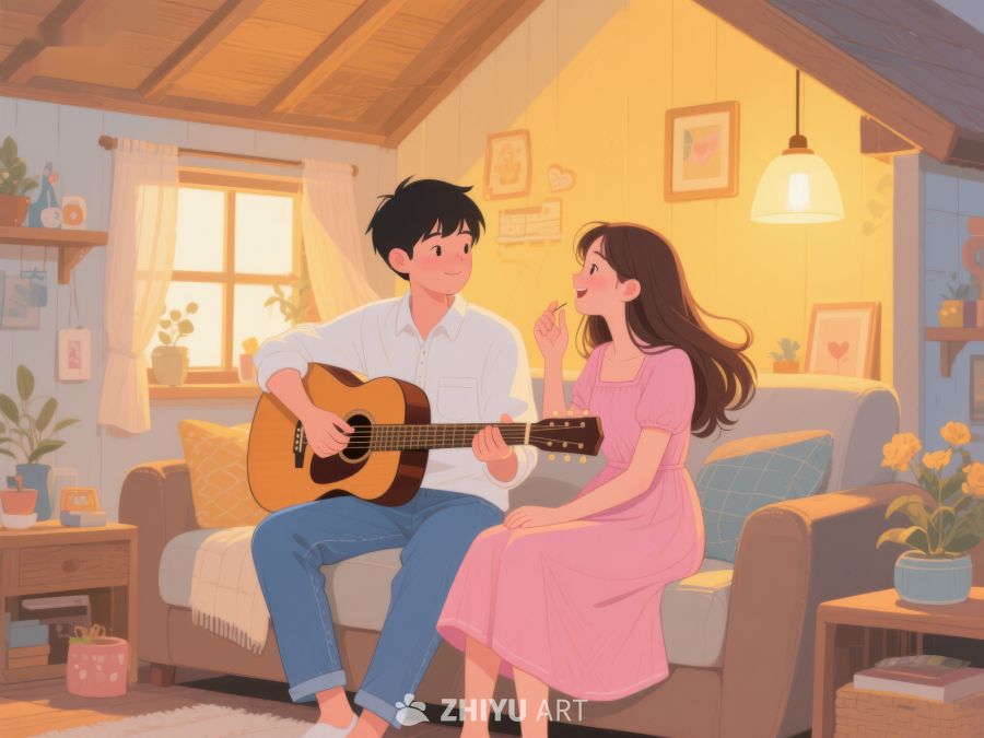 温馨室内，吉他伴奏下的甜蜜时光 798